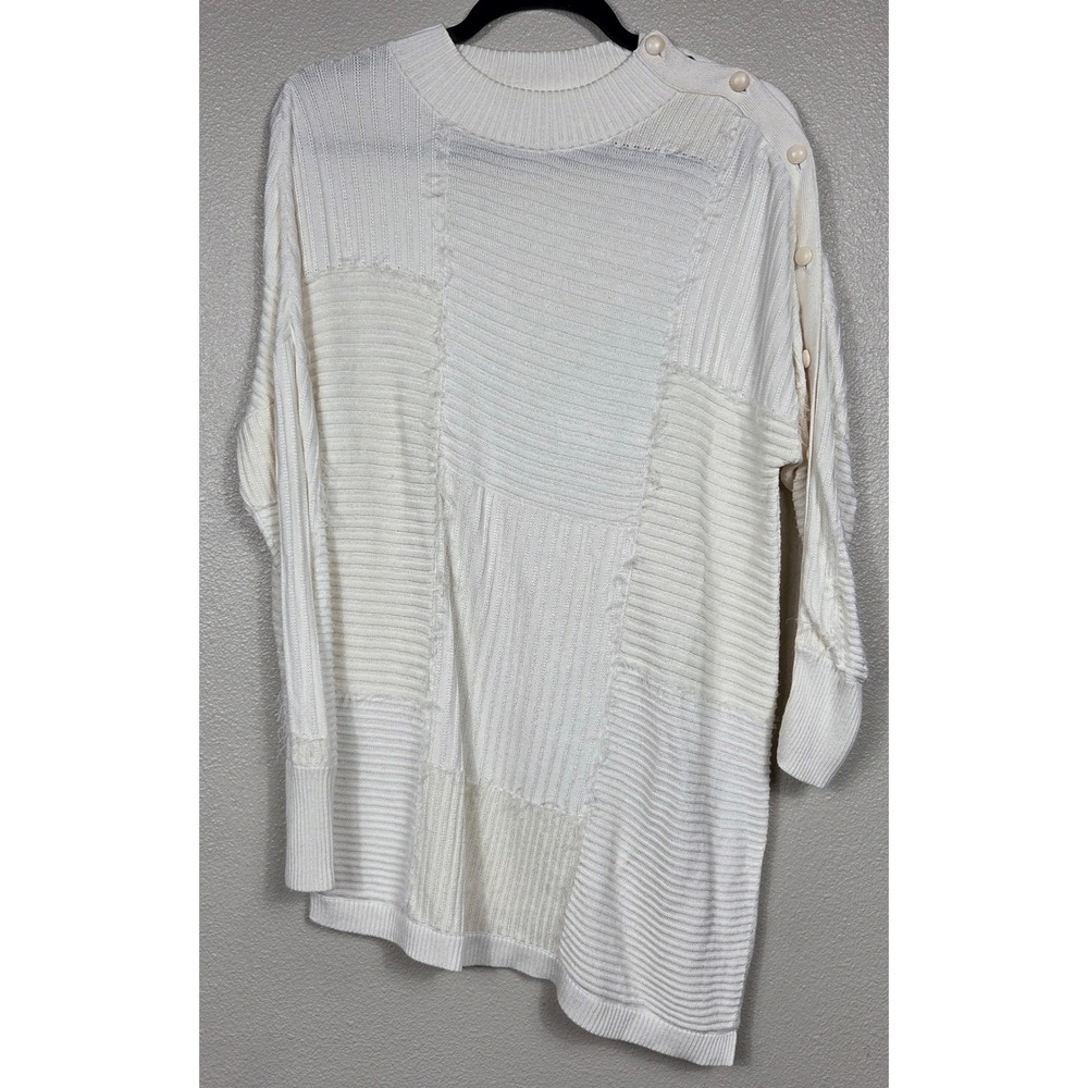 St. John M Ivory Asymmetrical Patchwork Cashmere Wool Blend Tunic Sweater